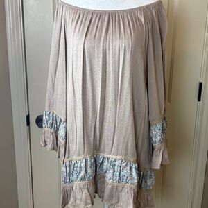Paisley Vine Taupe Tunic Dress with Blue/Cream Paisley Bell Sleeve/Hem Ruffles
